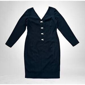 Adrienne Vittadini Black Sheath Dress Size 10 Rhinestone Hook Long Sleeve Womens